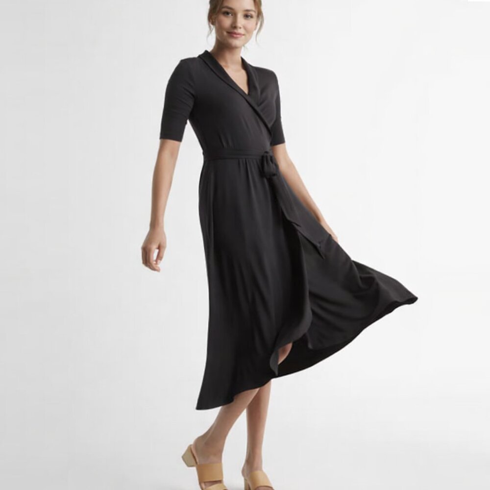 Quince Women’s Black Tencel Jersey True Wrap Dress Midi sz S NWT Short Sleeve